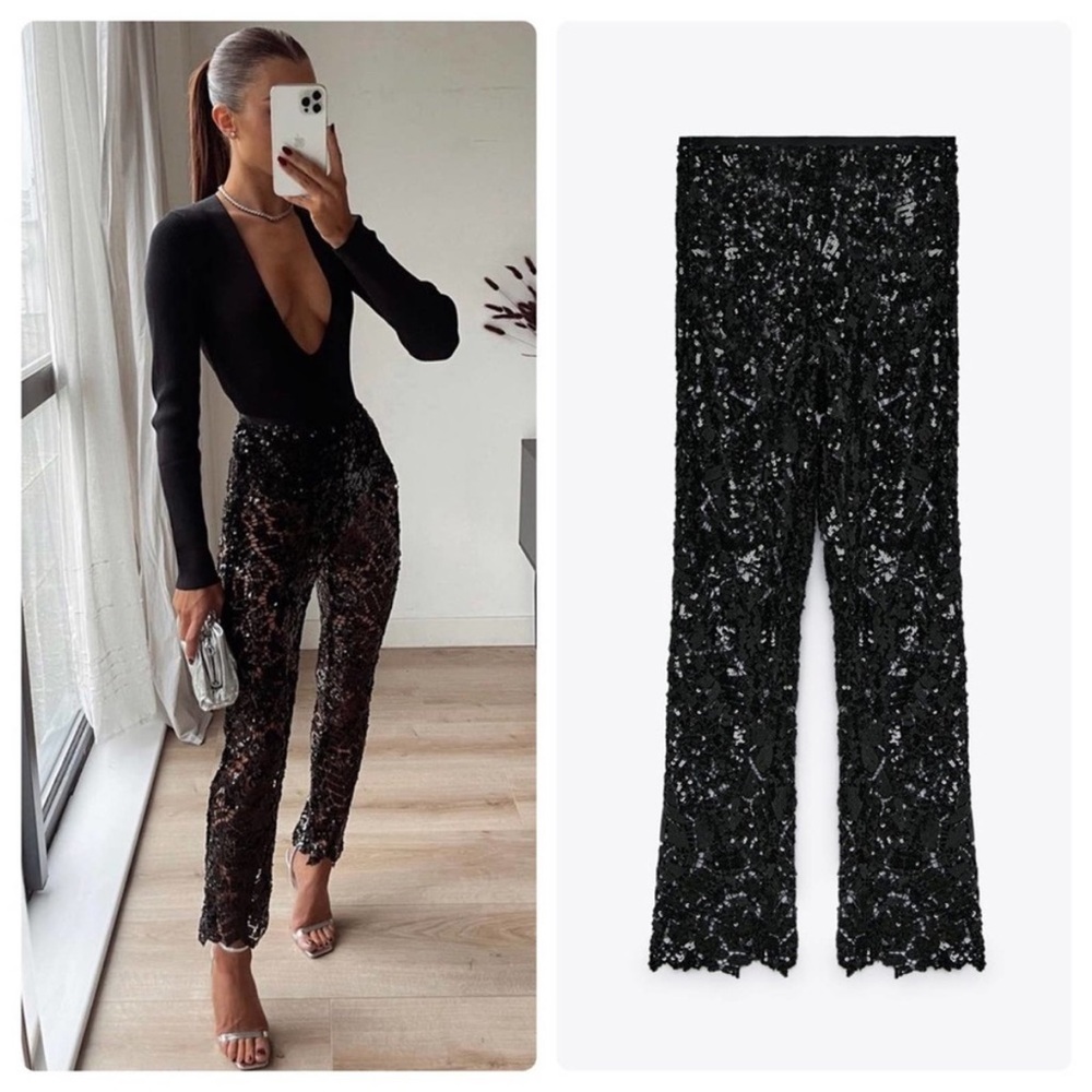 ZARA 2021 LIMITED EDITION BLACK SEQUIN APPLIQUÉS PANTS TROUSERS SIZE XS - NWOT